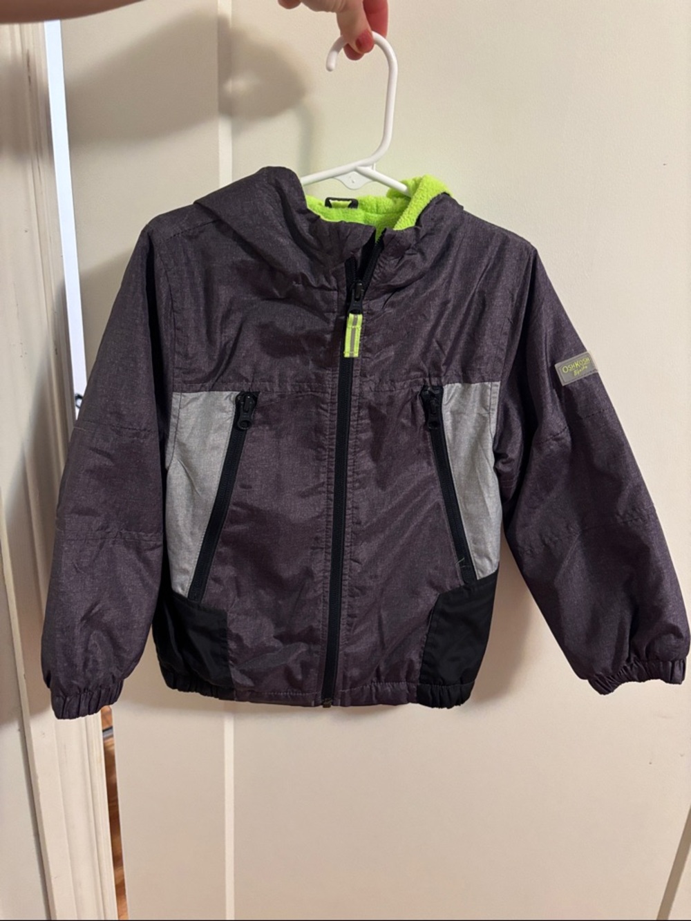 Kids Waterproof Hooded Jacket - Gray with Neon Green Lining